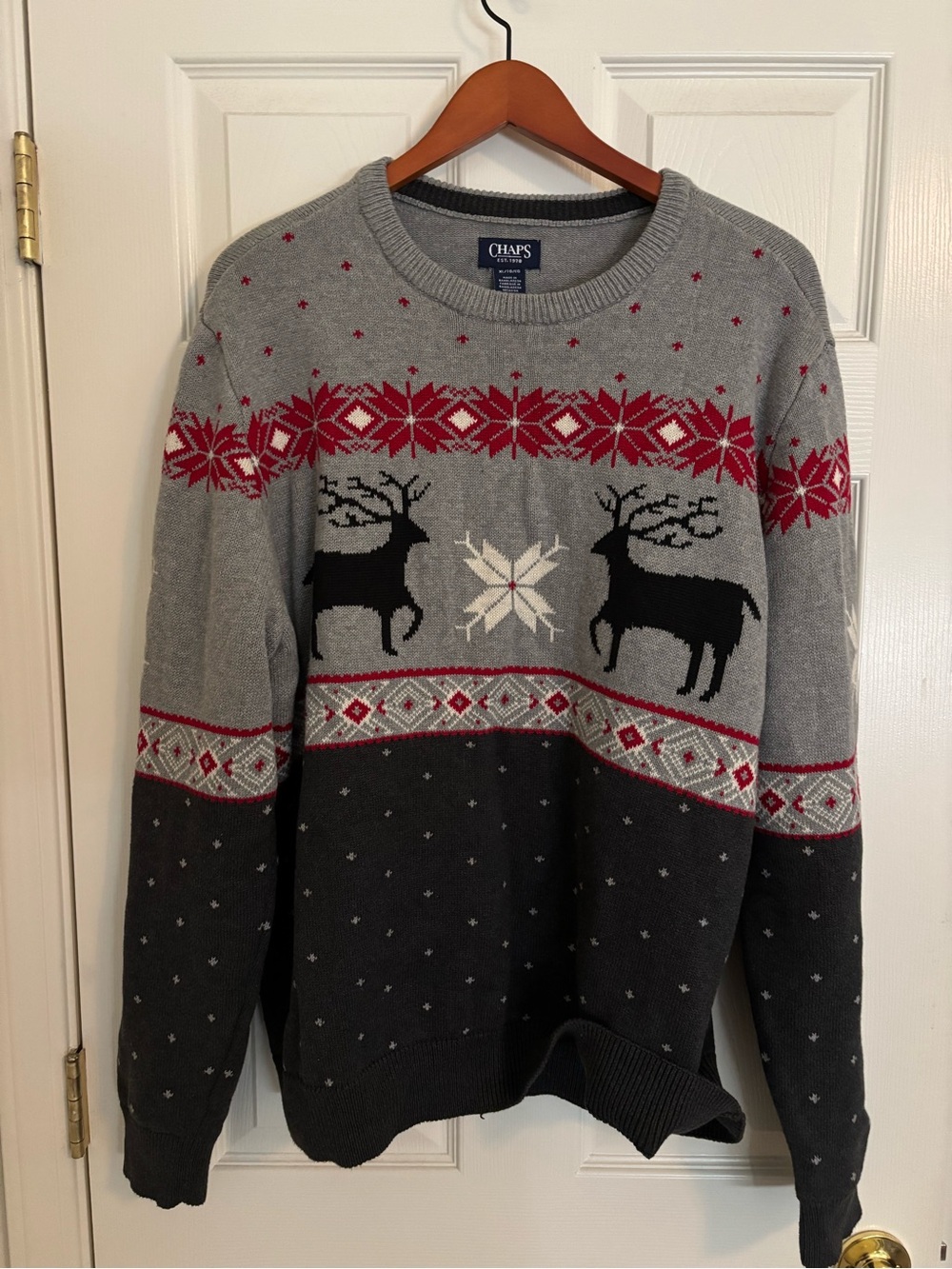 Chaps Men's Gray, Black & Red Reindeer Fair Isle Crewneck Sweater
